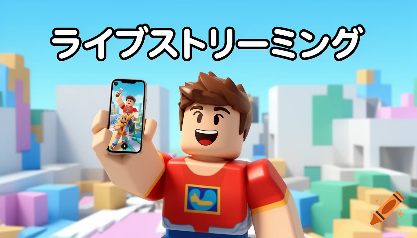 Roblox-style character holds a phone showing another character in a blocky world, with Japanese text 'Live Streaming' above.