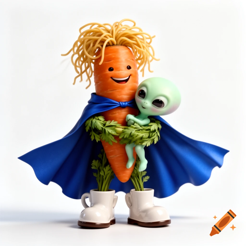 A smiling, anthropomorphic carrot superhero with spaghetti hair, a blue cape, and coffee cup shoes, hugging a small green alien.
