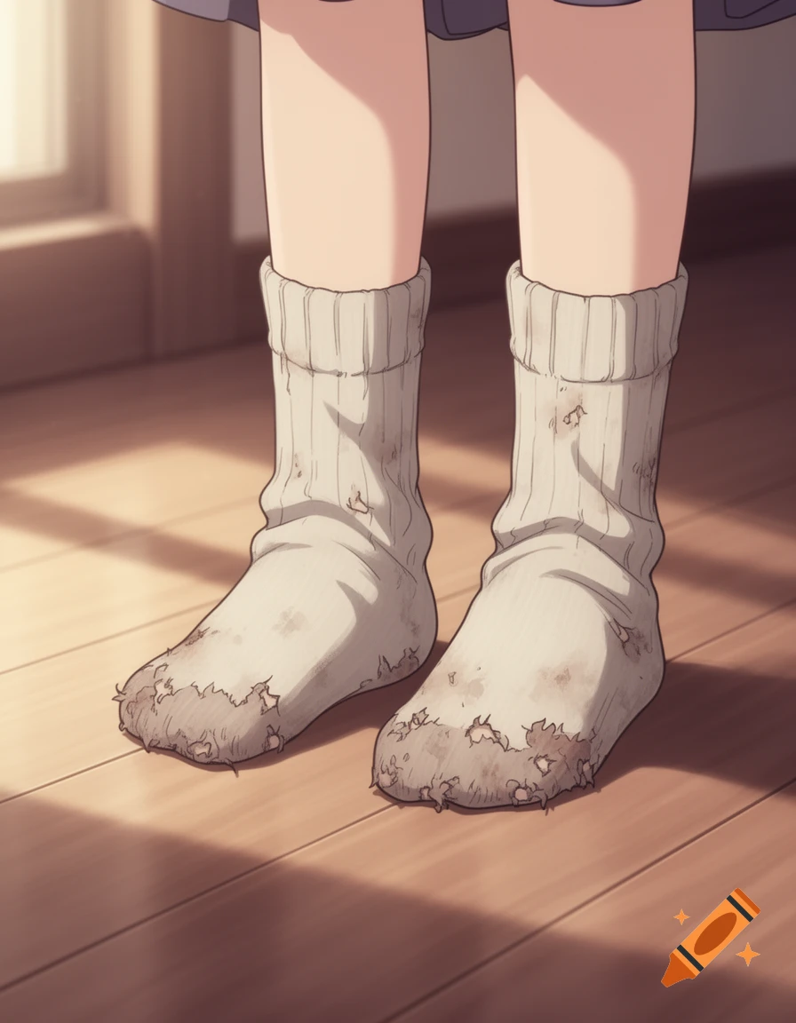 Anime style image of a person's lower legs and feet in dirty, fraying socks on a wooden floor.