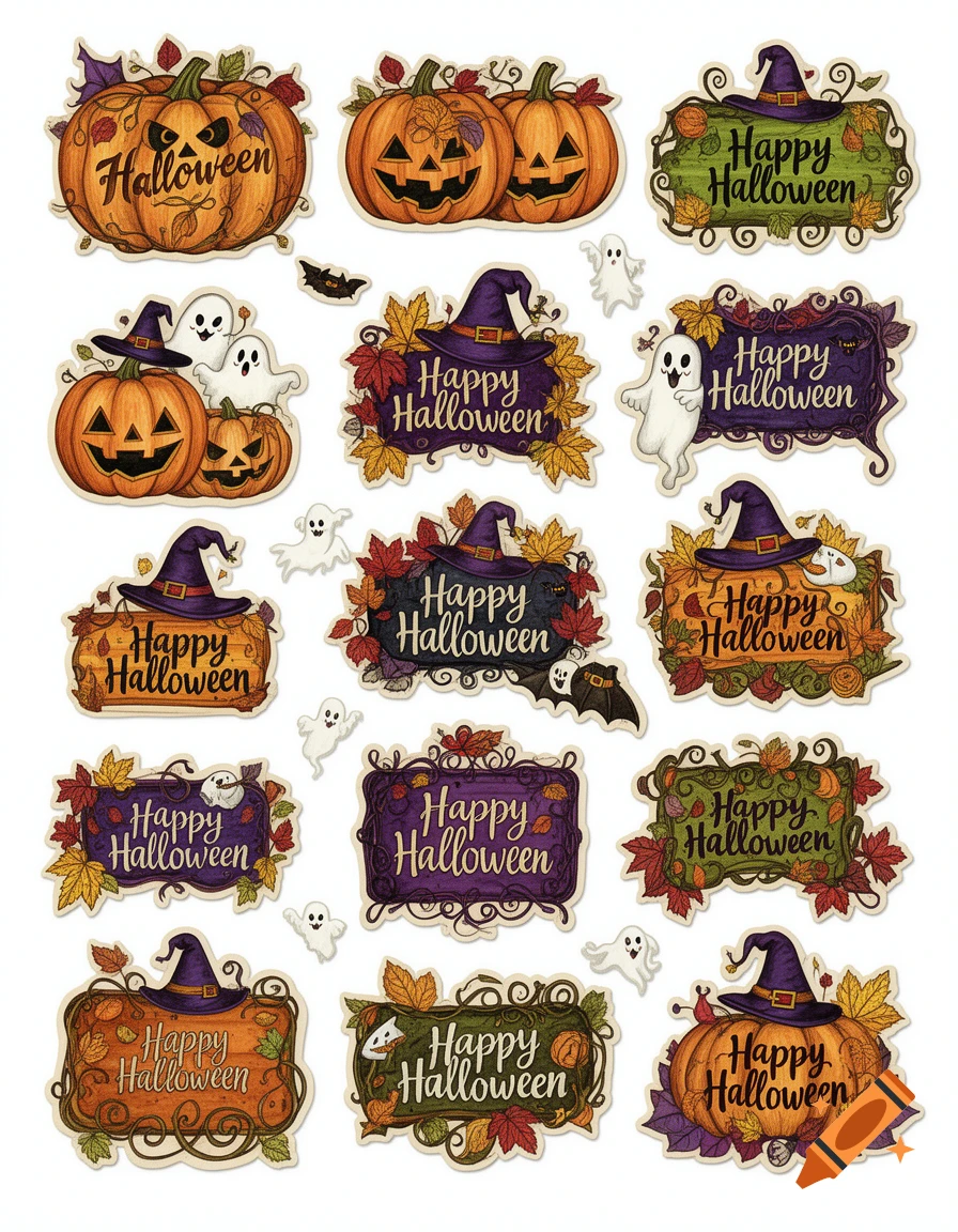 Decoupage style Halloween stickers featuring pumpkins, ghosts, witch hats, bats, autumn leaves, and 'Happy Halloween' text.