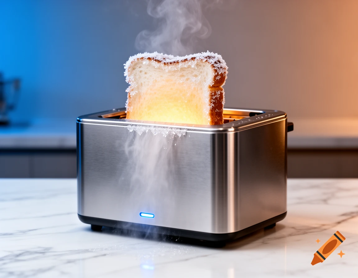 A brushed stainless steel 'cold toaster' with a frosted slice of bread, glowing warm inside, on a marble countertop with steam.