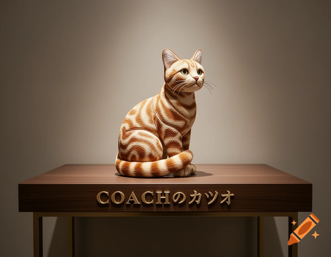 A photorealistic sculpture of a striped cat sits on a dark wooden table with 'COACHのカツオ' inscribed on it.