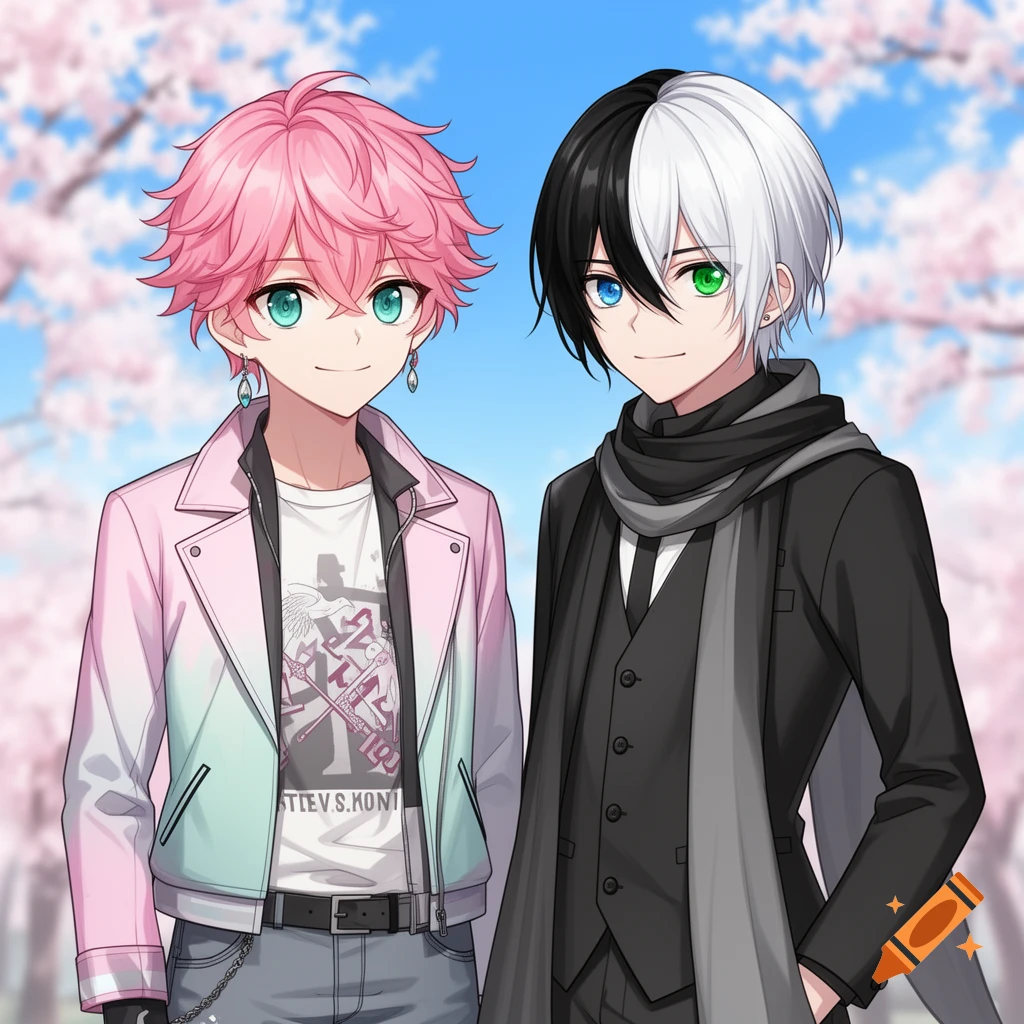 Two anime boys, one with pink hair and a pastel jacket, the other with split black and white hair and a black suit, standing before cherry blossoms.