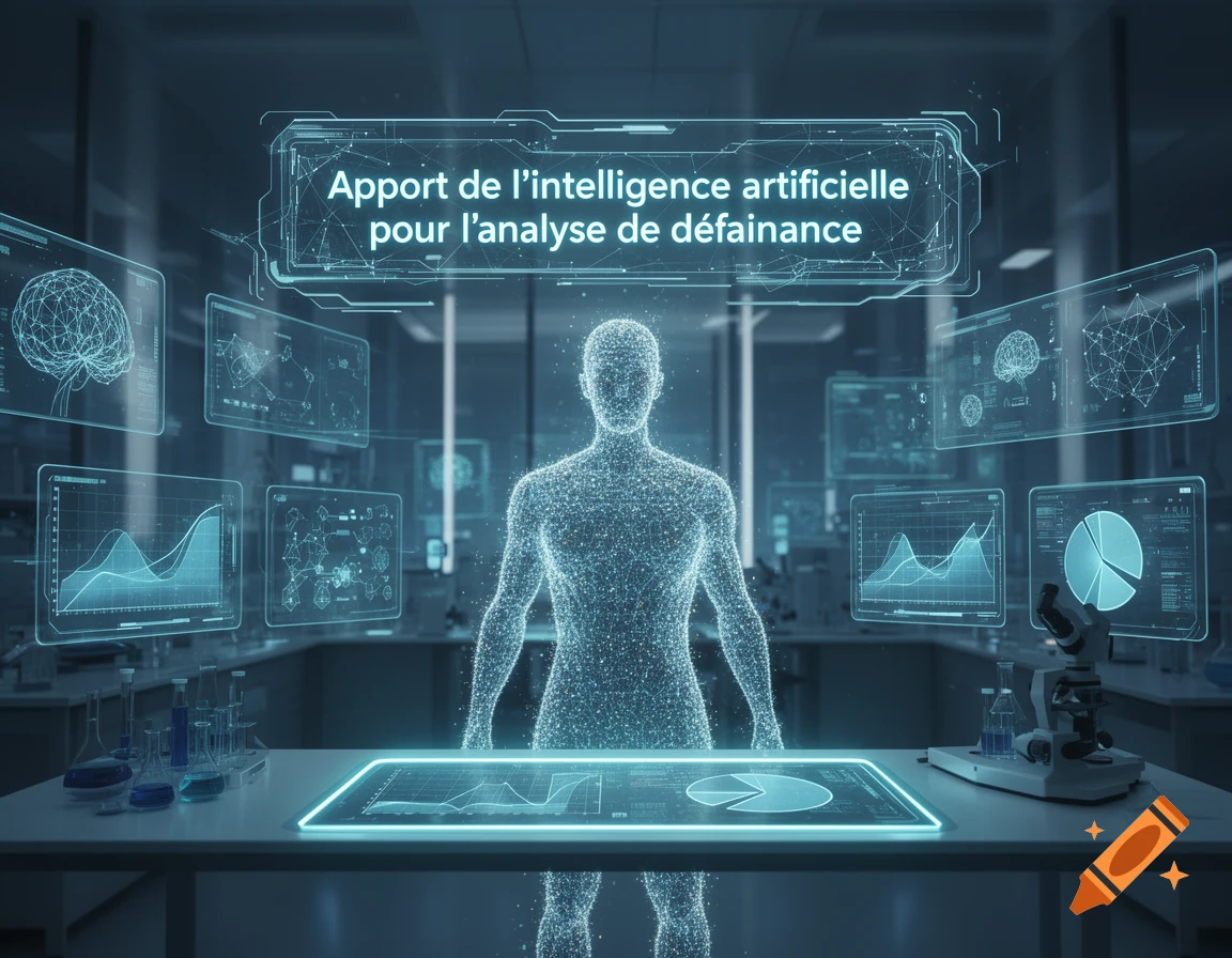 A glowing, particle-rendered human figure stands in a futuristic laboratory, surrounded by holographic screens displaying scientific data, graphs, and brain scans.
