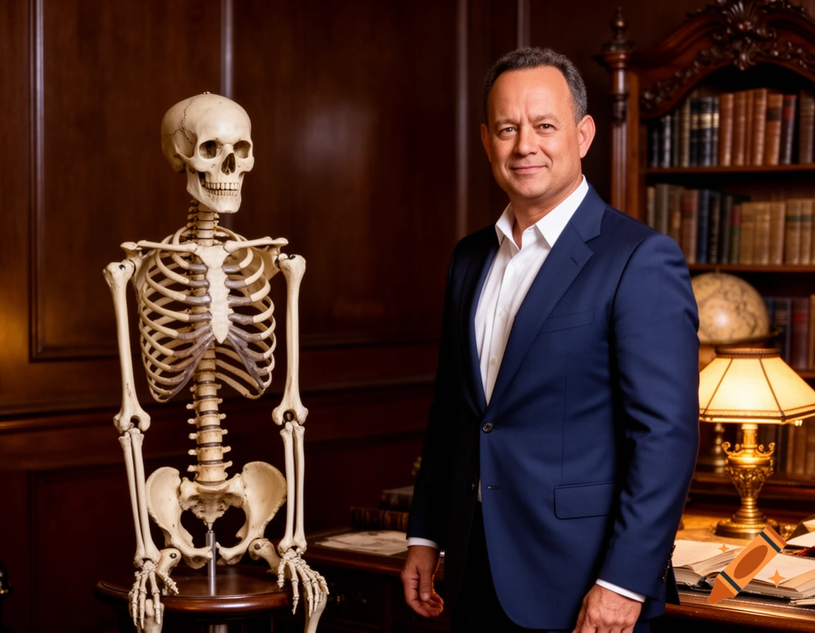 Photorealistic portrait of a man resembling Tom Hanks in a suit, standing next to a human skeleton in a sophisticated study.