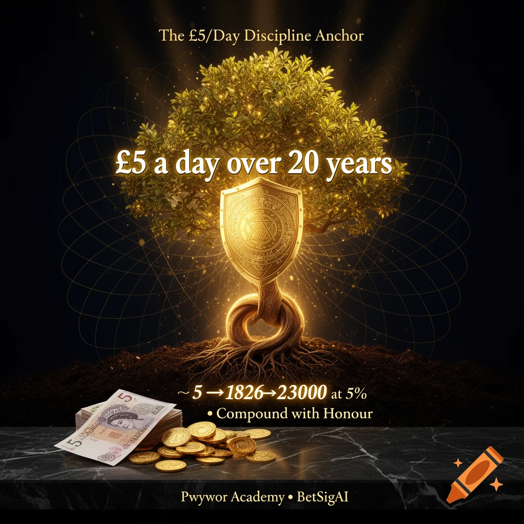 A stylized image with a glowing golden tree, its roots forming a shield, set against a dark background with geometric lines. British five-pound notes and gold coins are on a marble surface. Text about daily discipline and compound growth is overlaid.
