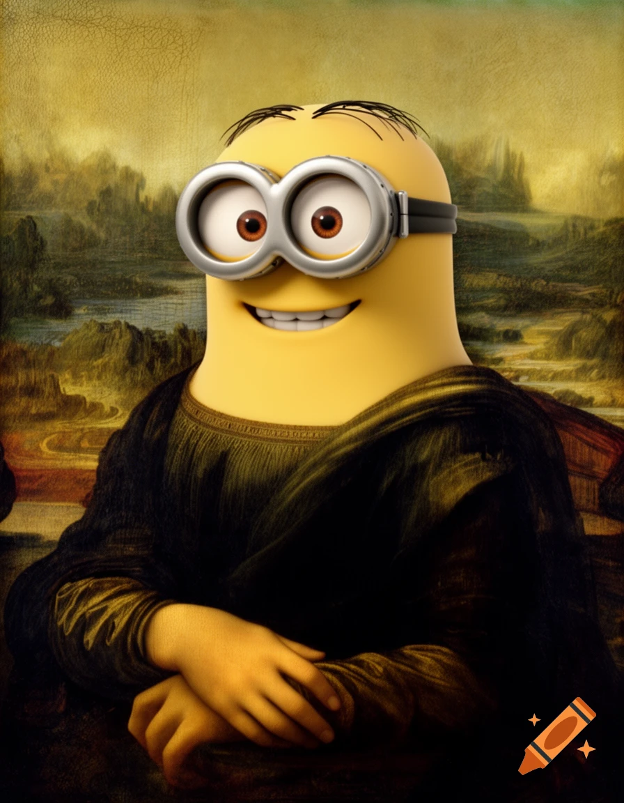 A Minion wearing goggles smiles while dressed as the Mona Lisa, with the classic painting's robes and landscape background.