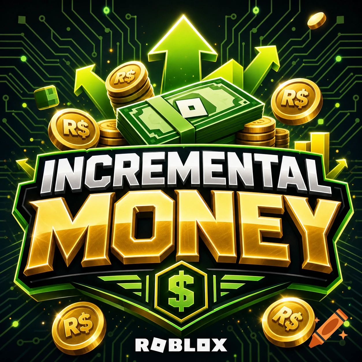 A stylized logo for the Roblox game 'Incremental Money,' featuring stacks of cash, gold coins with 'R$,' green upward arrows, and a circuit board background.