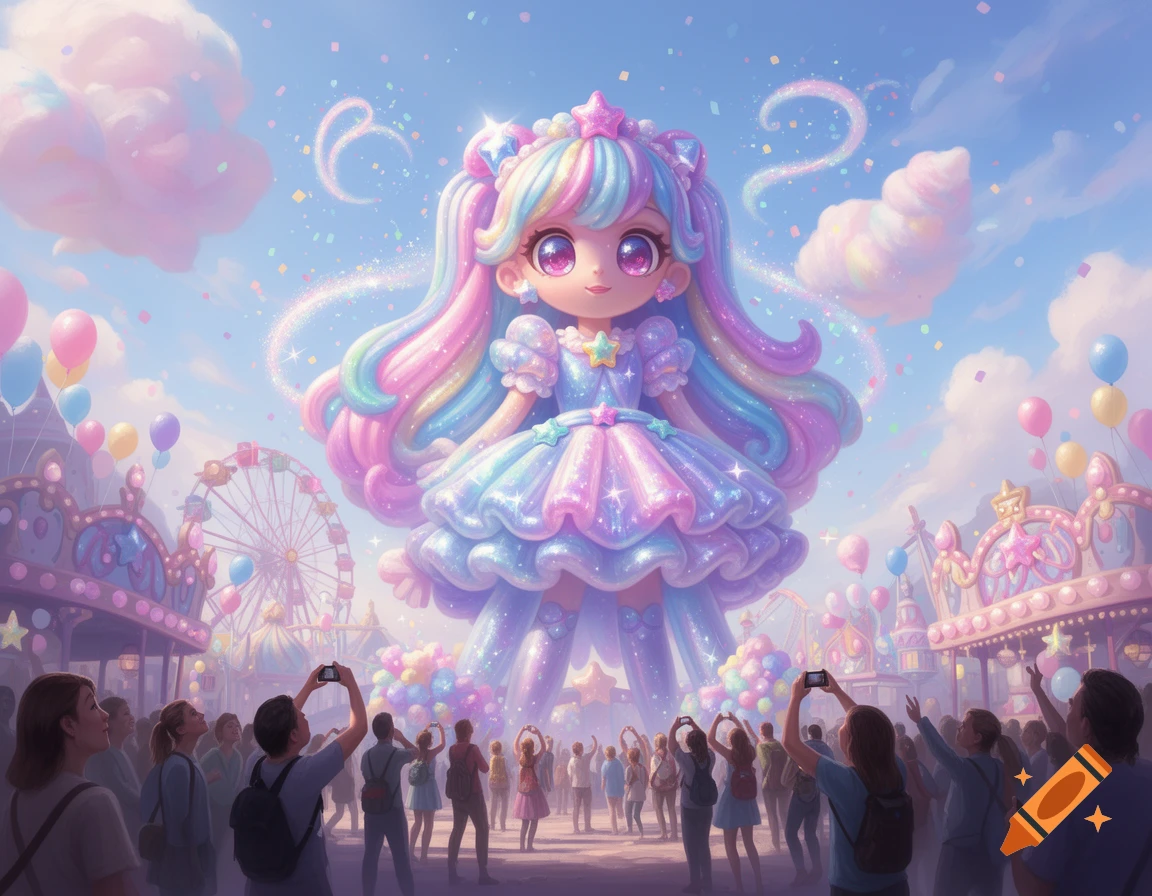 A giant pastel rainbow-haired magical girl doll in a sparkly dress stands above a crowd taking photos at a dreamy carnival, anime style.