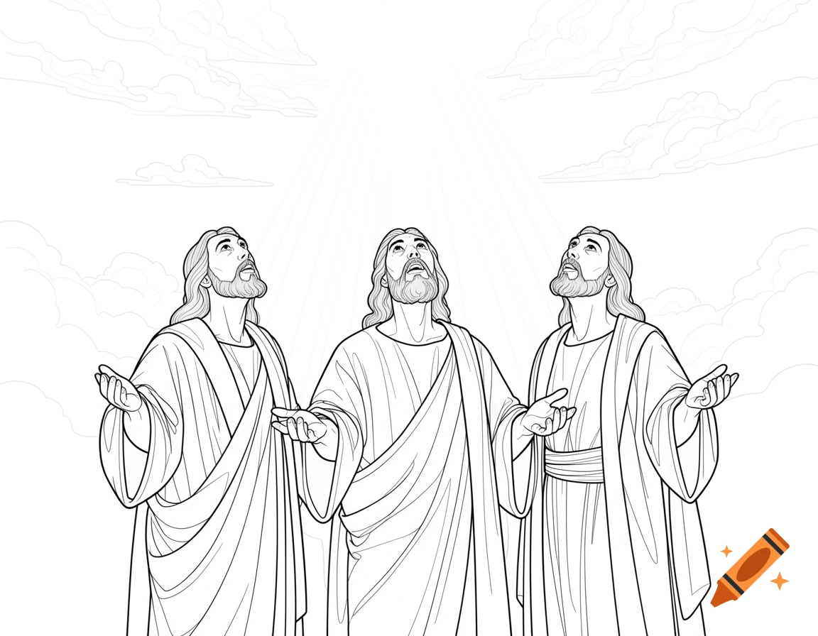 A line art coloring page showing three bearded men in robes looking up at rays of light in the sky, with faint clouds.