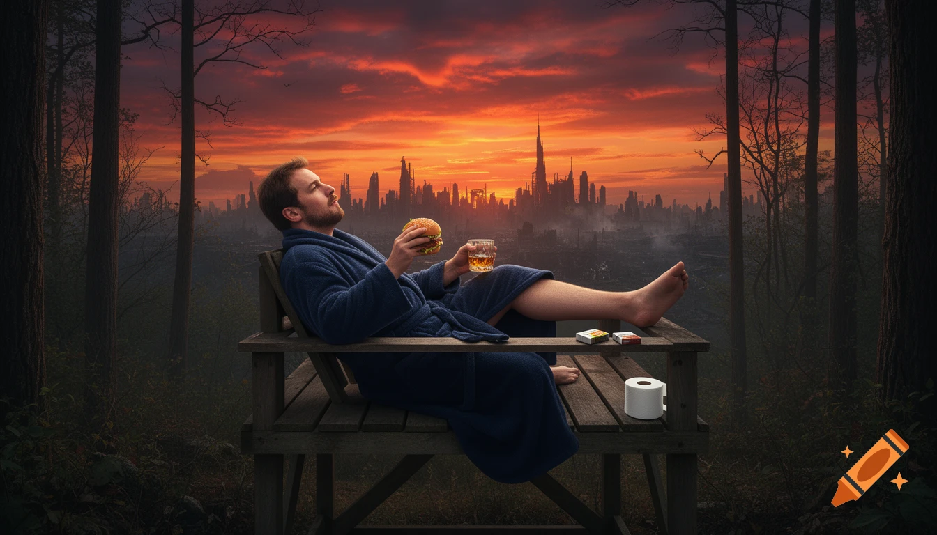 A man in a blue bathrobe reclines on a wooden platform at a forest edge, holding a burger and whiskey, looking at a dystopian city skyline at sunset.