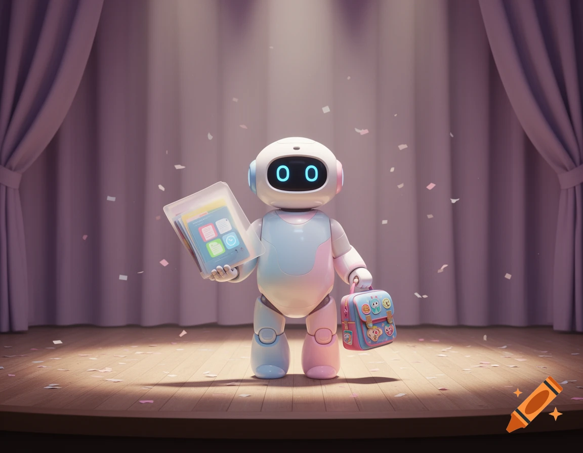 A cute pastel-colored robot stands on a theater stage, holding a clear file and a school bag, with confetti scattered around.