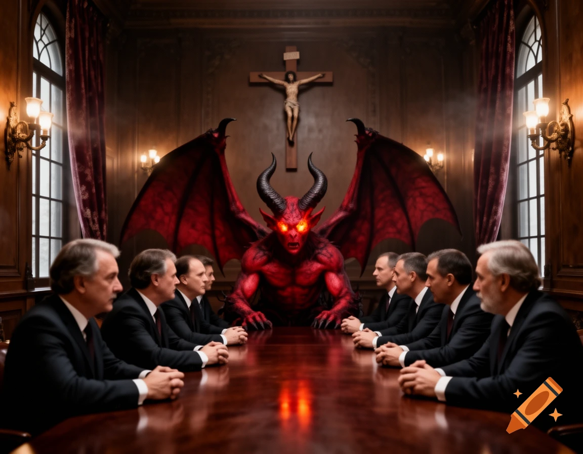 Photorealistic image of a red, horned Satan with large wings at a table, facing men in suits in a grand room with a crucifix.
