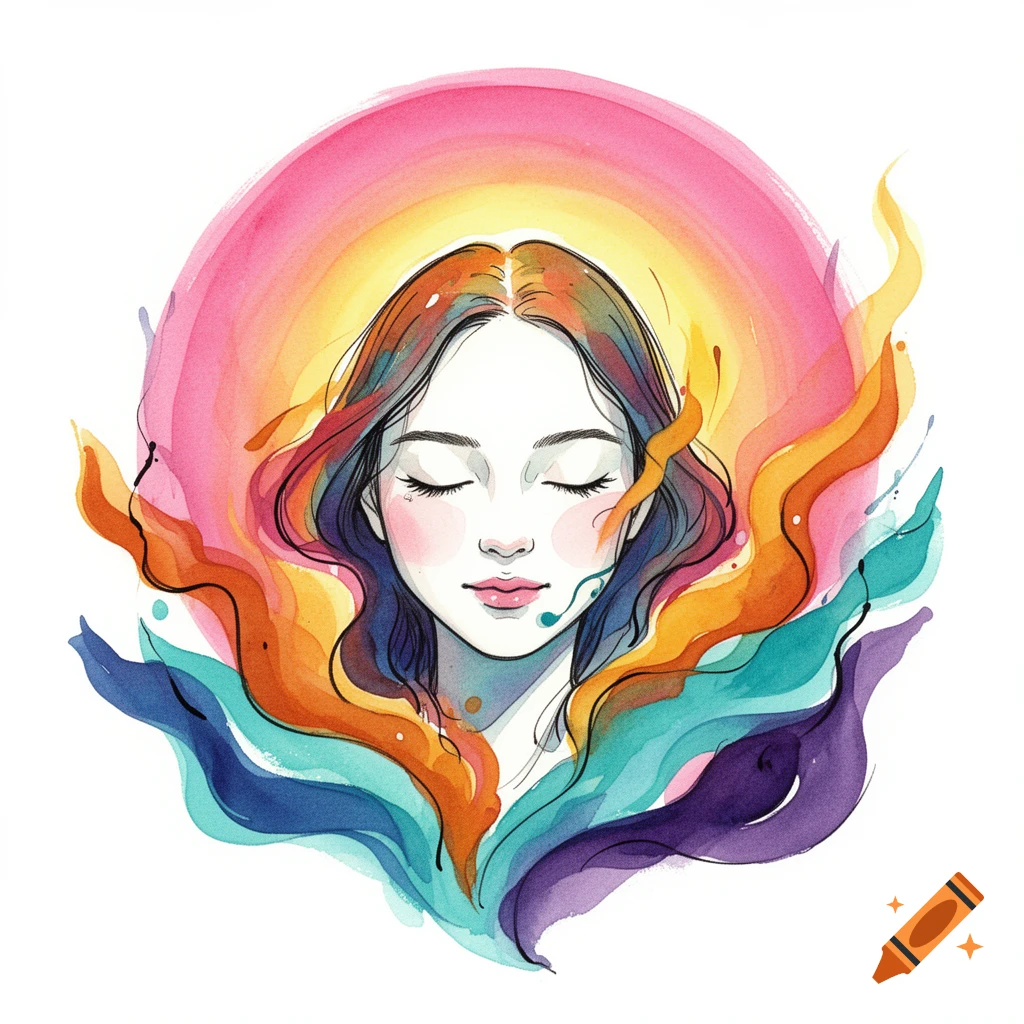 Watercolor portrait of a serene woman with closed eyes, surrounded by a vibrant, abstract rainbow aura and colorful flowing shapes.
