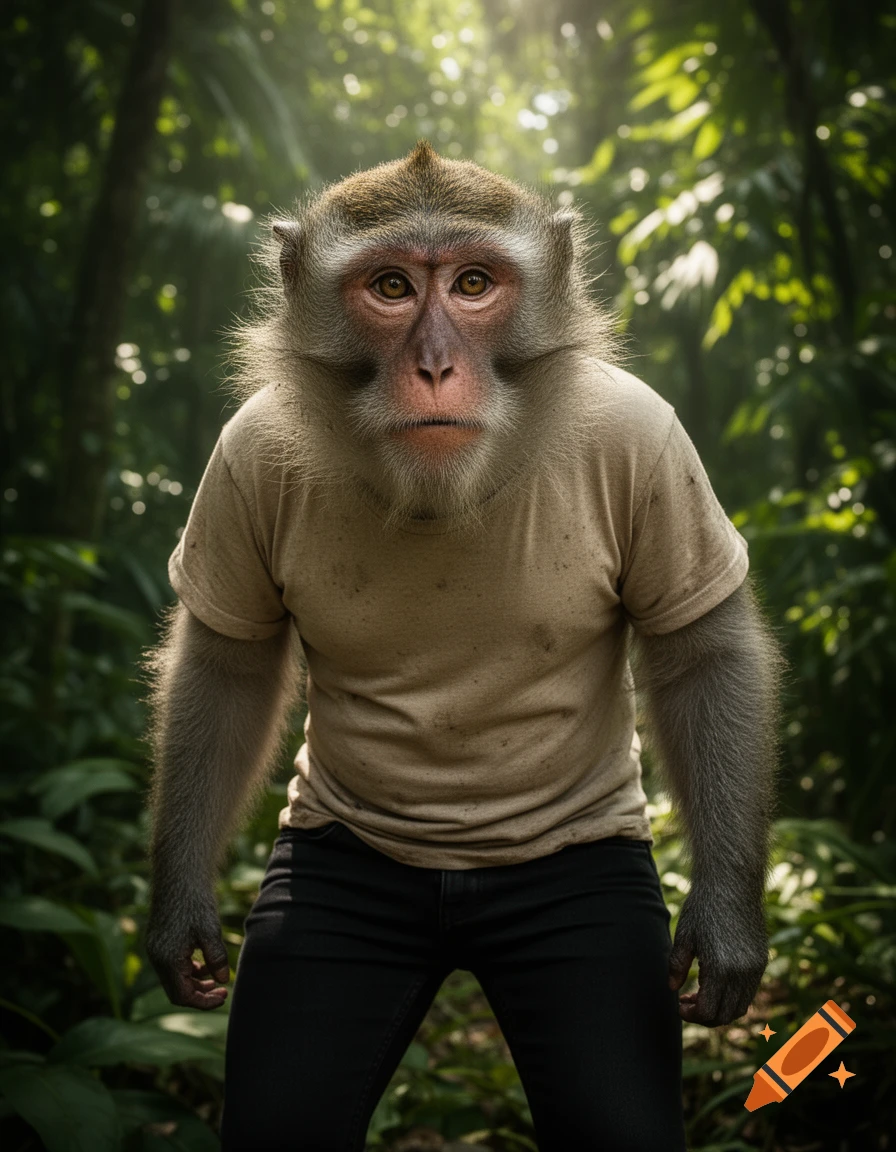 A photorealistic monkey wearing a beige t-shirt and black jeans stands in a lush jungle with light filtering through the canopy.