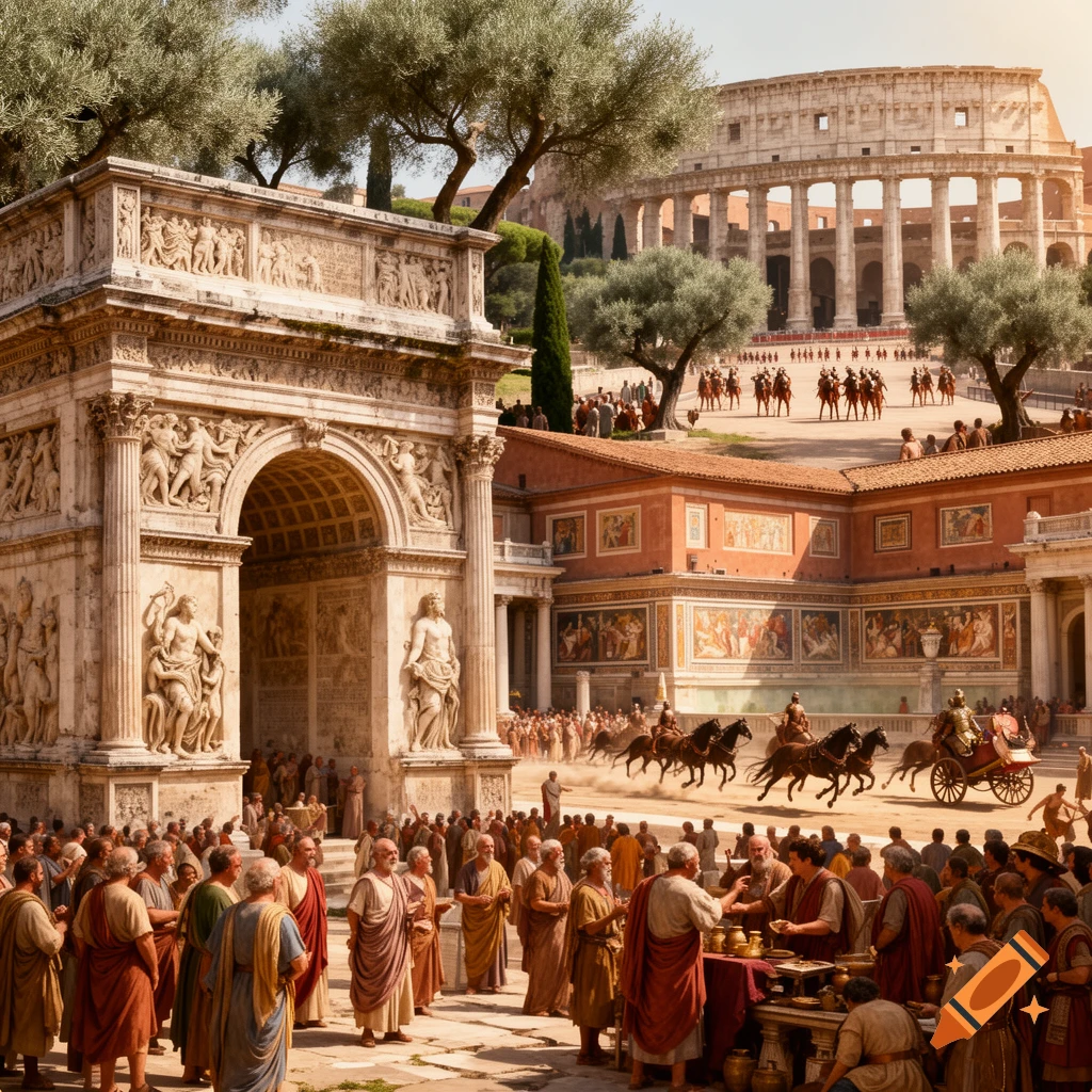 A bustling ancient Roman city scene with a grand triumphal arch, a market, citizens in togas, soldiers on horseback, and the Colosseum in the background.