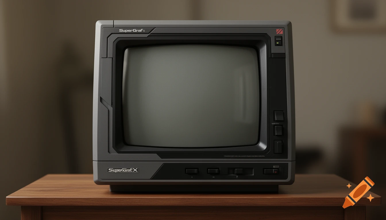 A photorealistic front view of a gray retro CRT TV, designed in the style of a SuperGrafx console, sitting on a wooden table.