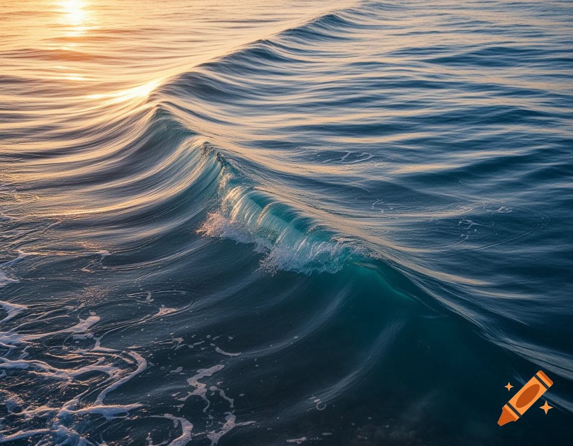 Photorealistic close-up of an ocean wave cresting, with golden sunlight reflecting on the water.