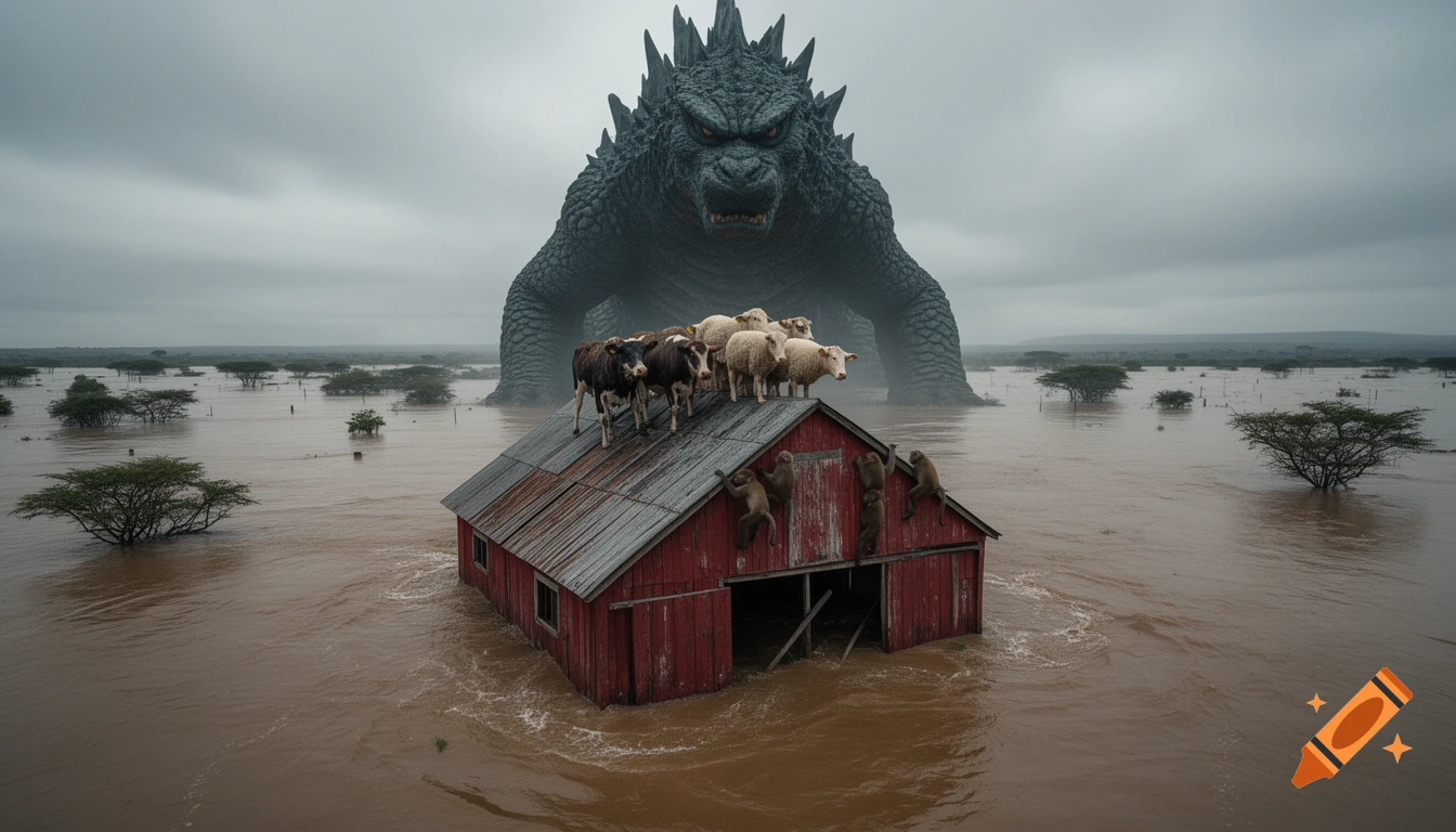 Giant Godzilla stands in a flooded landscape behind a red barn. Cows and sheep are on the roof, monkeys cling to the side.