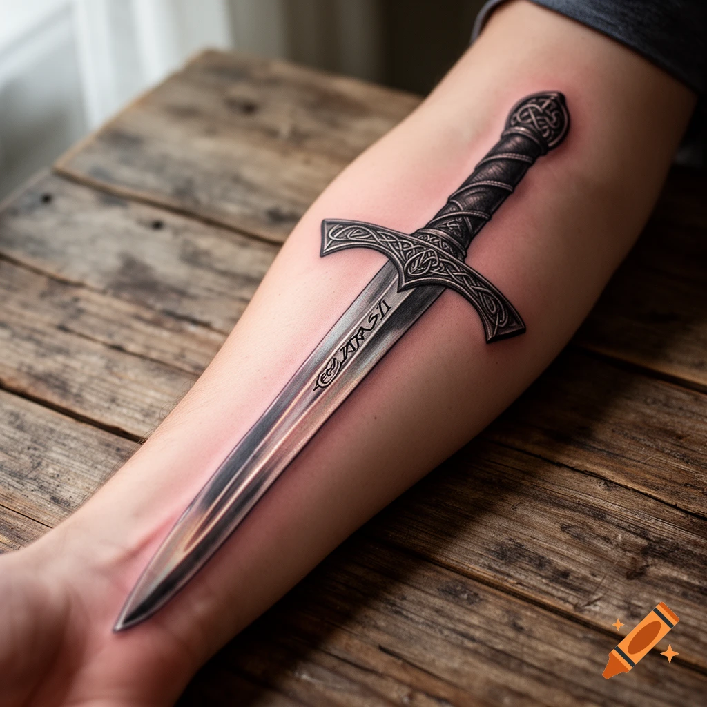 A photorealistic tattoo of an ornate fantasy sword, resembling Narsil, on a person's forearm, resting on a wooden table.