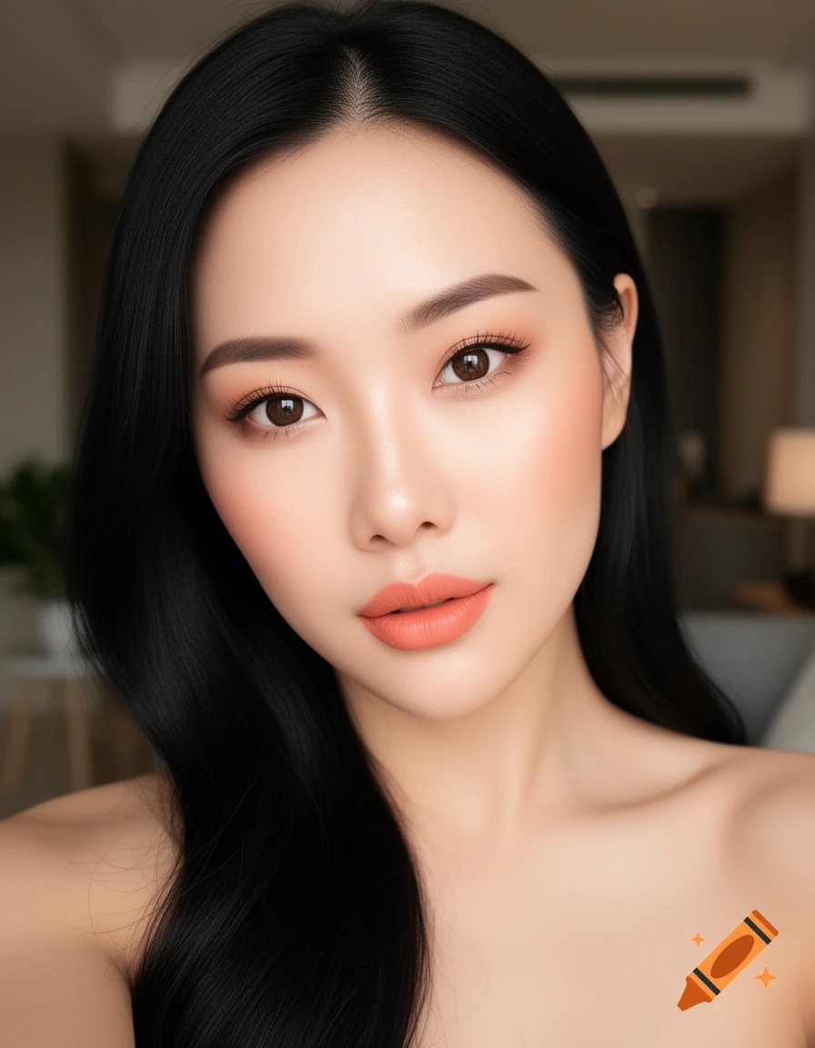 Photorealistic headshot of an Asian woman with long dark hair, peachy lipstick, and eye makeup, looking directly forward.