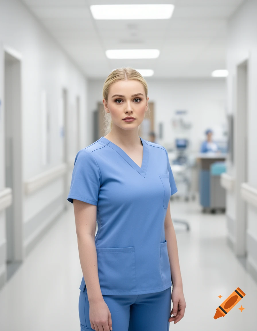A blonde woman in blue scrubs stands in a hospital hallway, looking directly at the viewer.