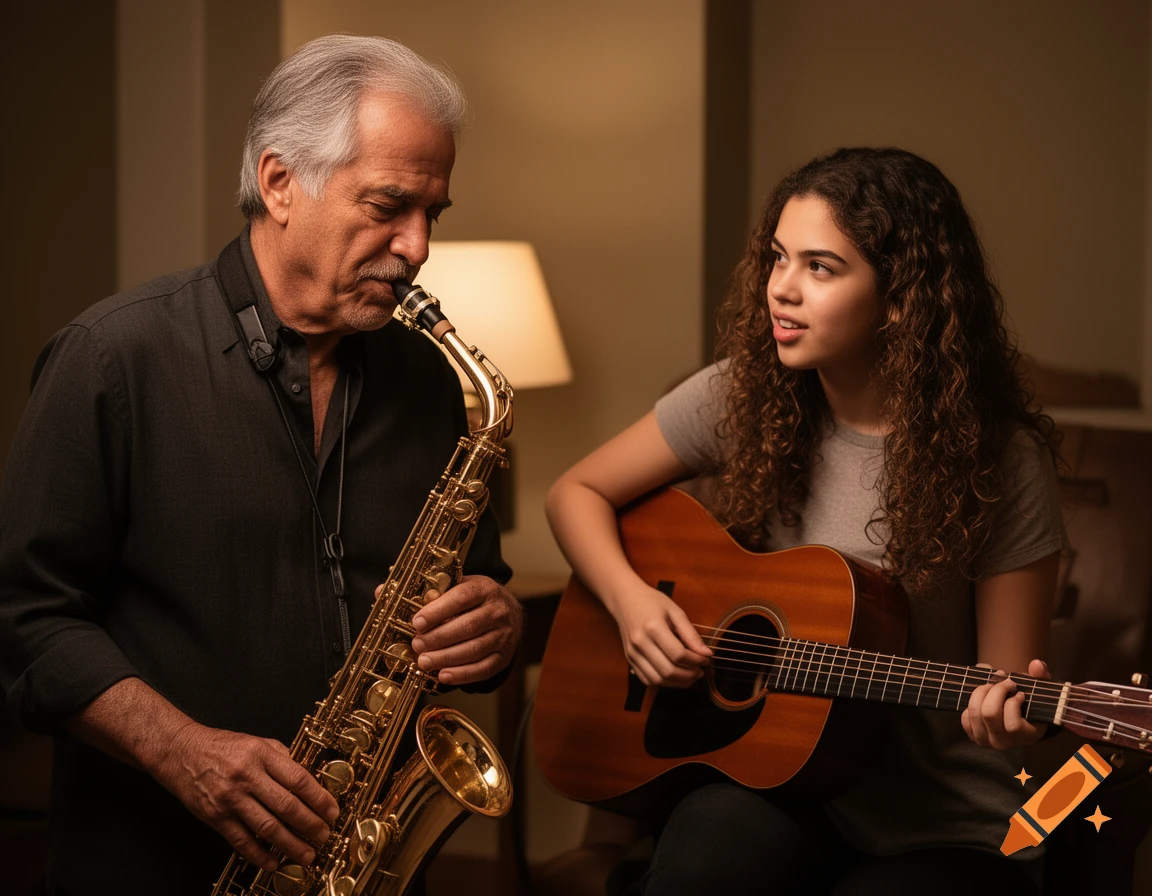 An older man playing saxophone next to a younger woman playing acoustic guitar in a warm, indoor setting, both focused on their music.