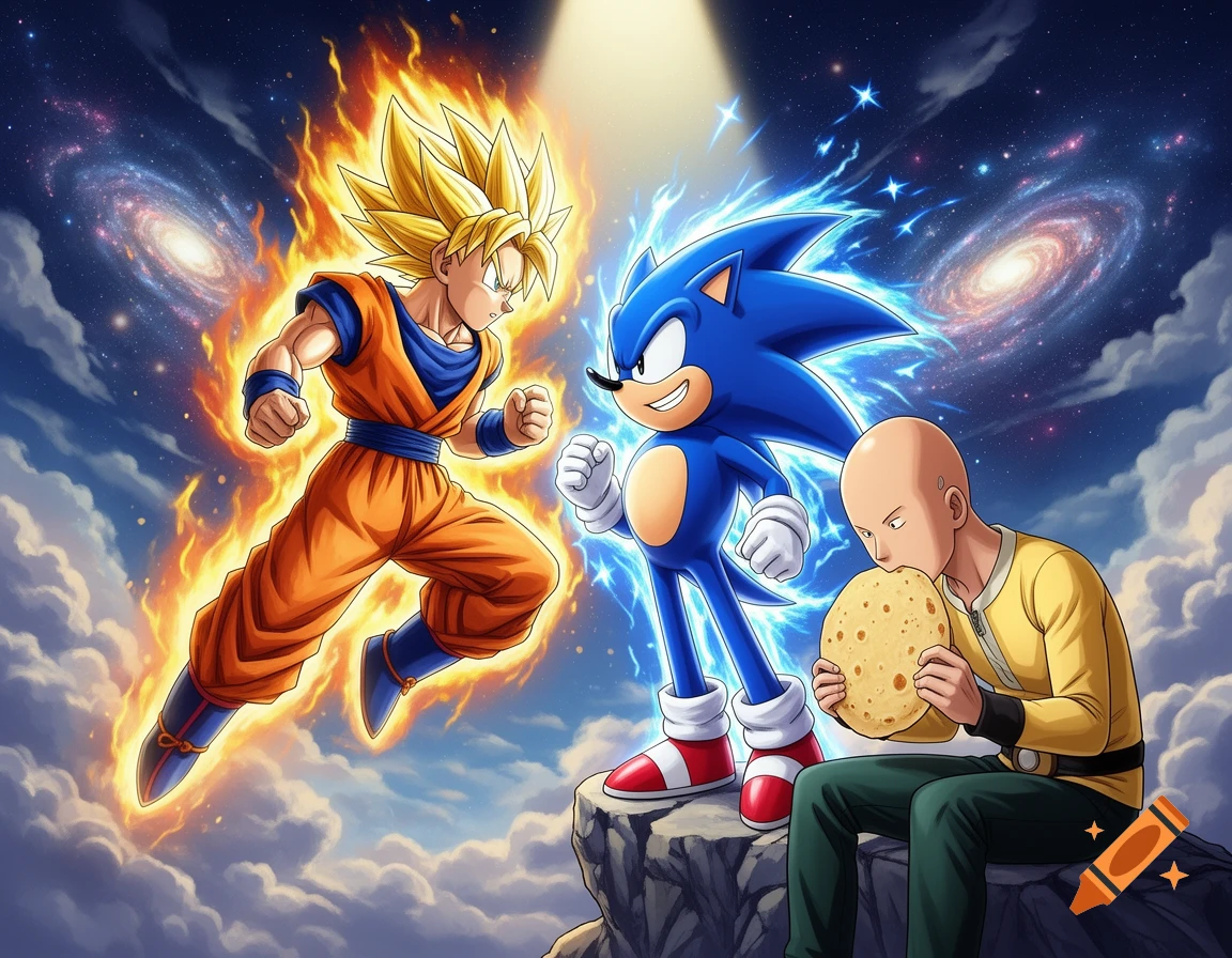 Goku with a fiery aura and Sonic with an electric aura confront each other on a cliff while Saitama eats a flatbread under a cosmic sky.