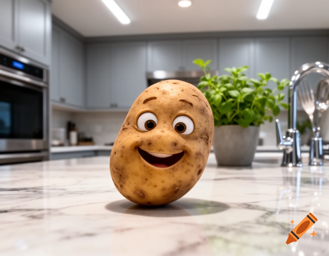 A happy, cartoon-faced potato with big eyes and a wide smile sits on a white marble kitchen counter.