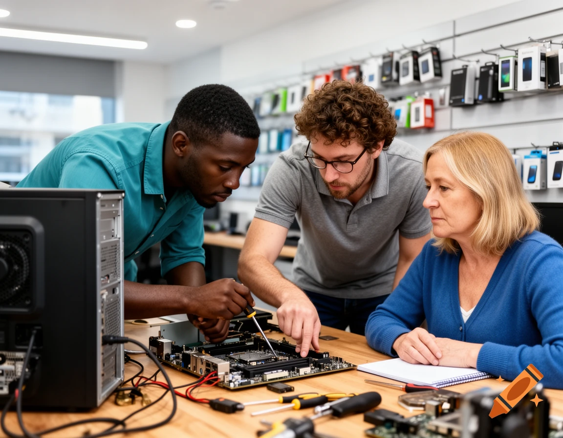 Two technicians repair a PC motherboard, watched by a female client in an electronics store.