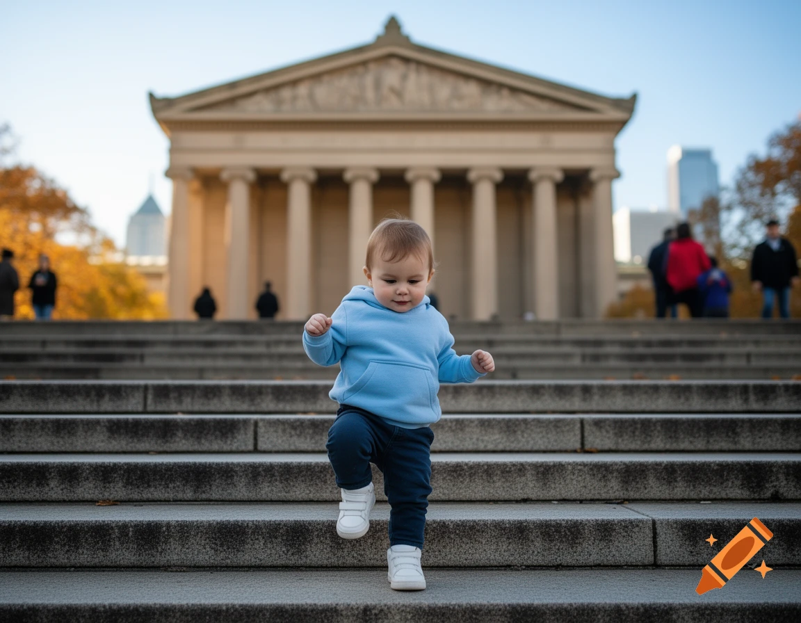 A baby in a blue hoodie and dark pants walks up large stone steps in front of a classical building with columns.