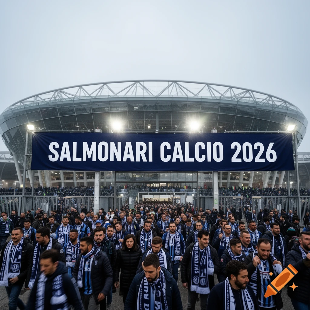 A large crowd of football fans walks outside a modern stadium with a banner reading 'SALMONARI CALCIO 2026'.