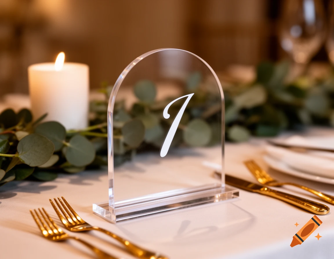 Clear acrylic table number '1' on an elegant wedding table setting with a eucalyptus garland, candle, and gold cutlery.