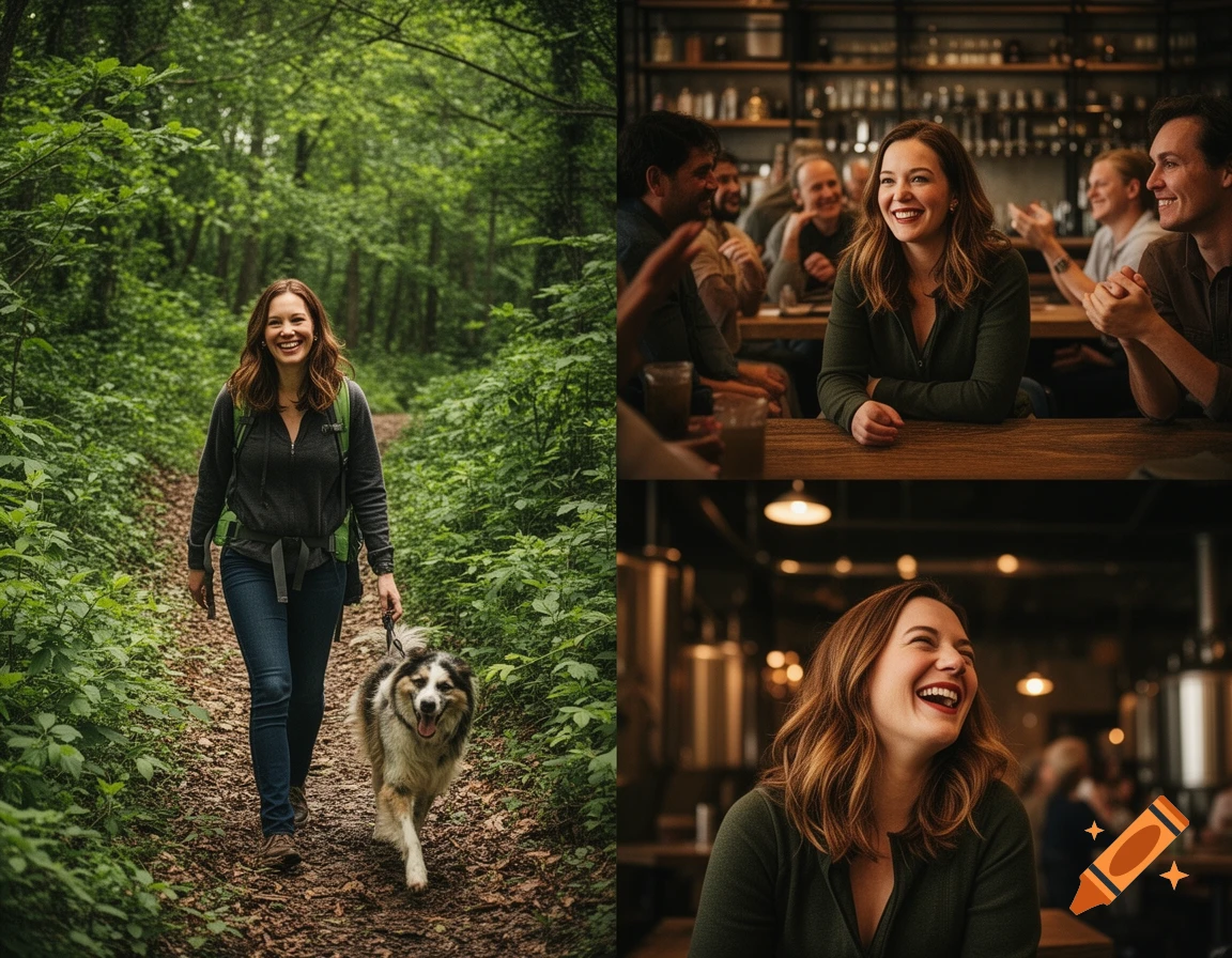 A collage shows a smiling woman hiking a forest trail with a dog, and later laughing with friends in a cozy brewery.