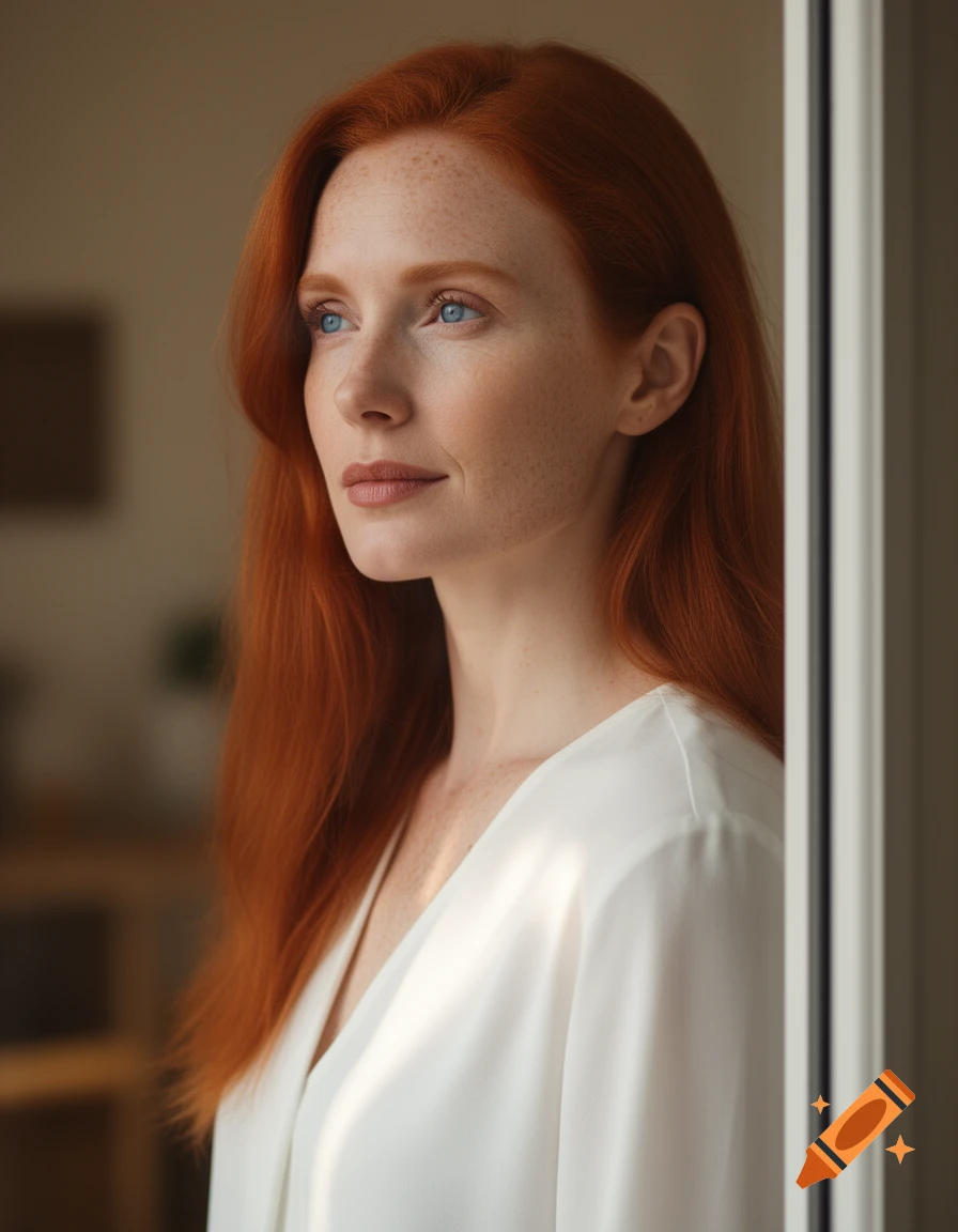 A close-up photorealistic portrait of a woman with long red hair, freckles, and blue eyes, looking thoughtfully out a window.