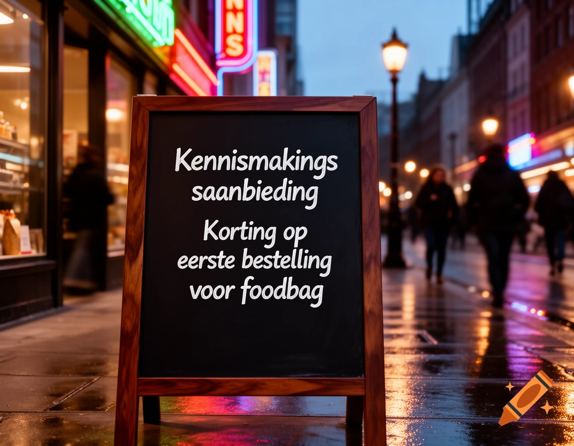 Chalkboard sign on a wet city street at night advertising a 'Kennismakingsaanbieding', with blurry neon lights and people in the background.