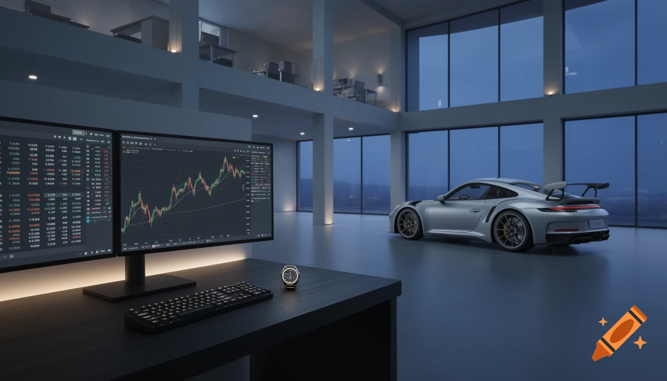 Photorealistic image of a sleek silver Porsche in a modern, luxurious open-plan office with dual monitors displaying financial charts on a dark desk.
