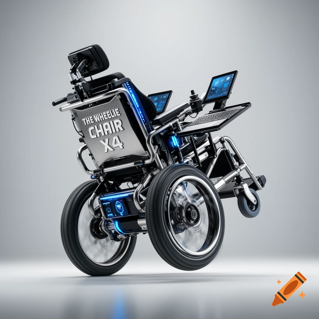 A futuristic, high-tech wheelchair in a perpetual wheelie, featuring glowing blue accents and built-in screens, against a gray background.