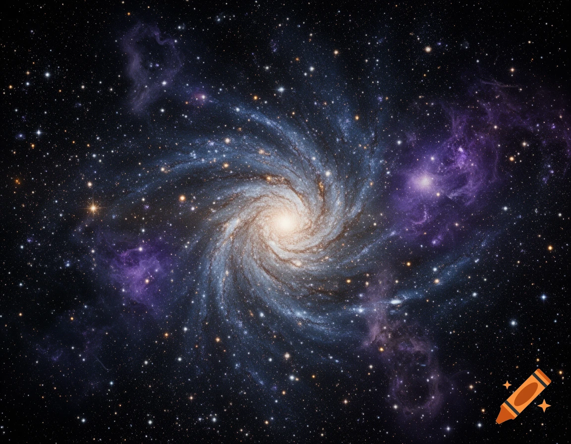 A vibrant spiral galaxy with a bright core, surrounded by blue and purple nebulae and countless stars in deep space.