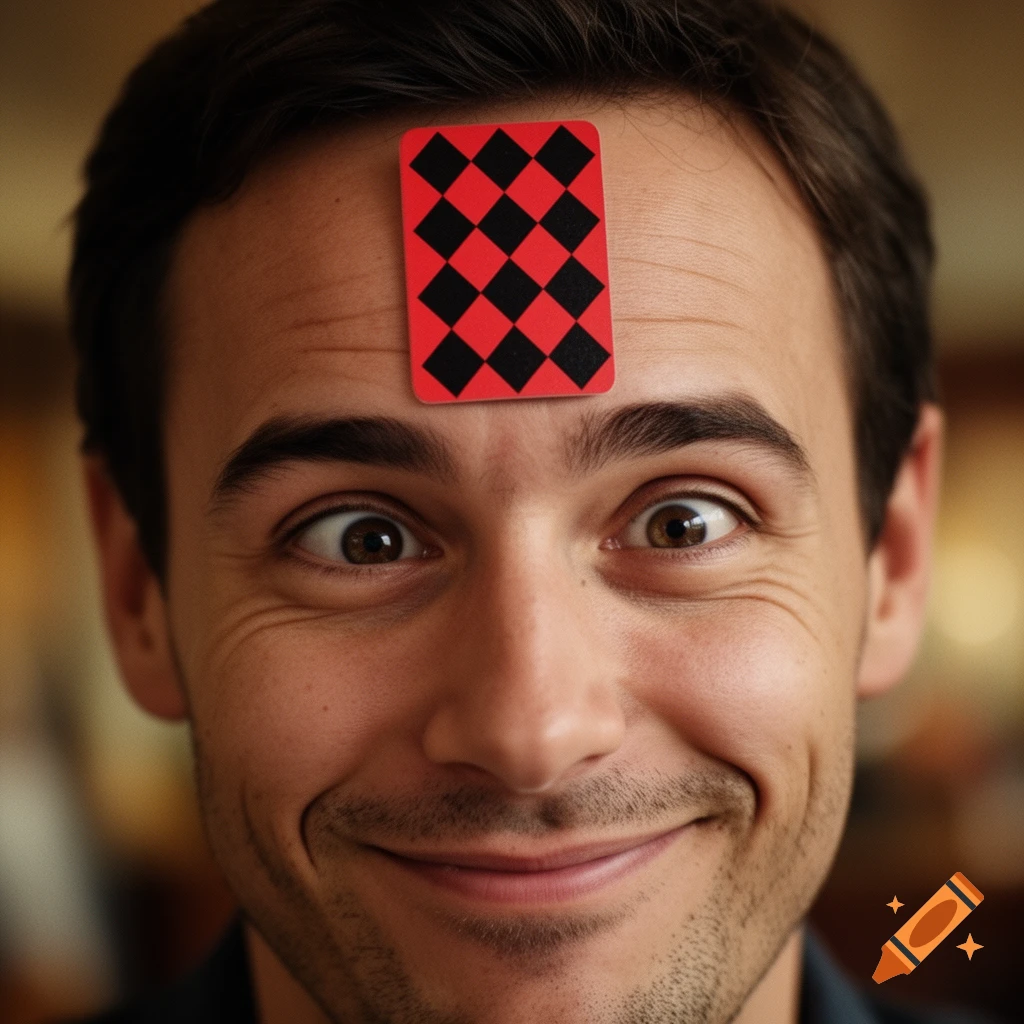 Close-up of a man with wide eyes and a smile, looking up with a red and black checkered playing card on his forehead.