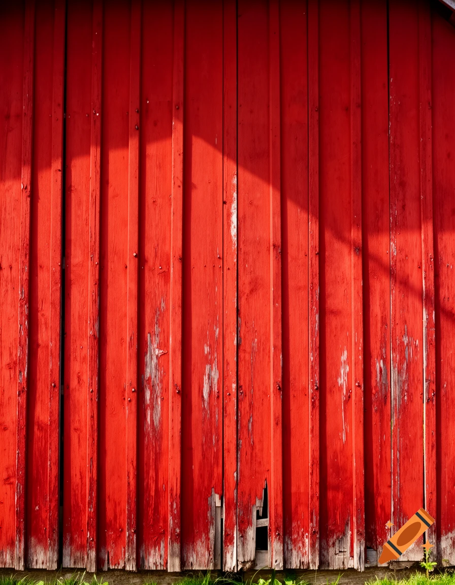 Close-up of a weathered red wooden barn wall with peeling paint, shadows, and green grass at the base.