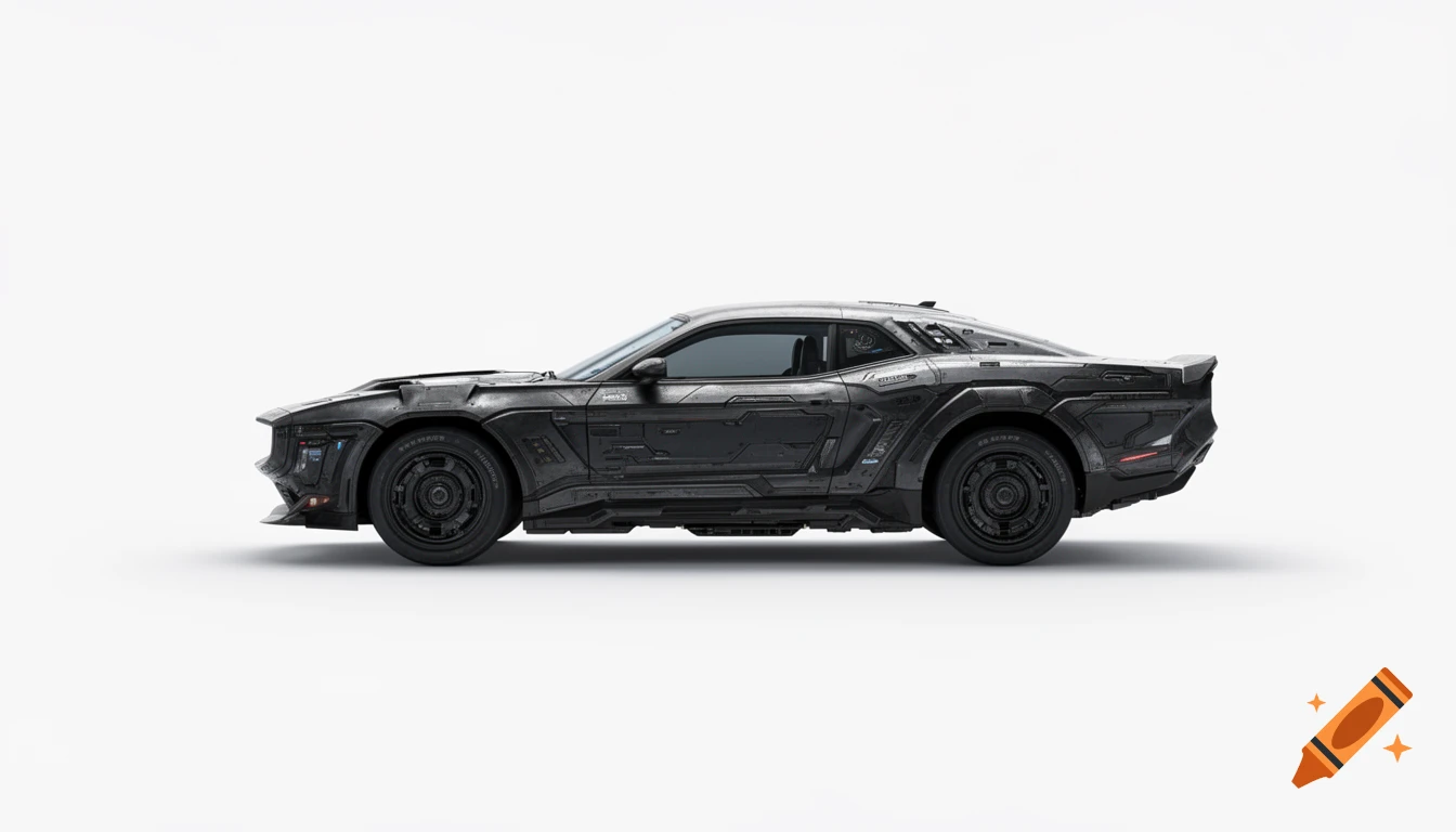 A sleek, dark futuristic car with intricate paneling, viewed from the side against a white background.