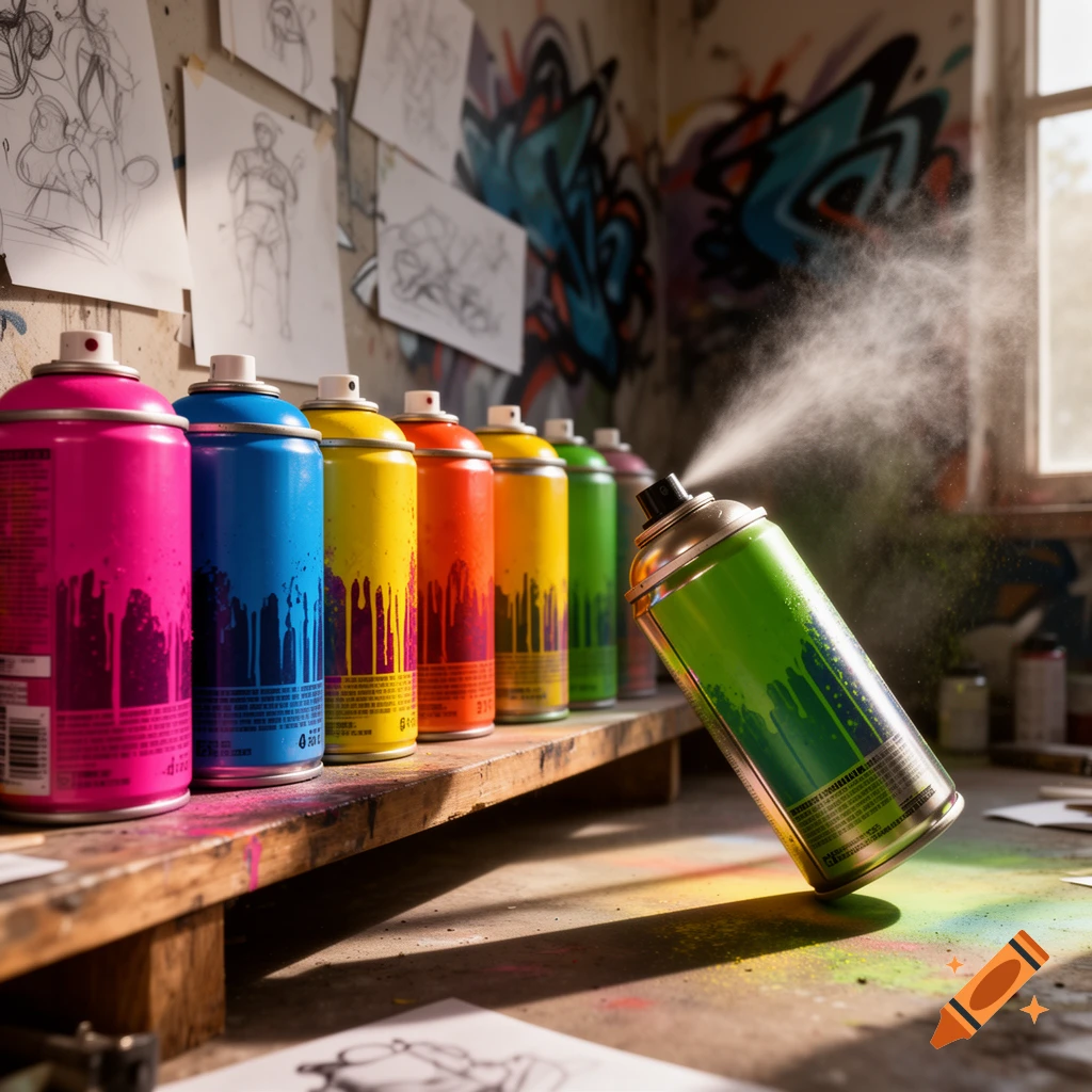 A row of vibrant spray paint cans, one spraying mist, in a graffiti-covered art studio.