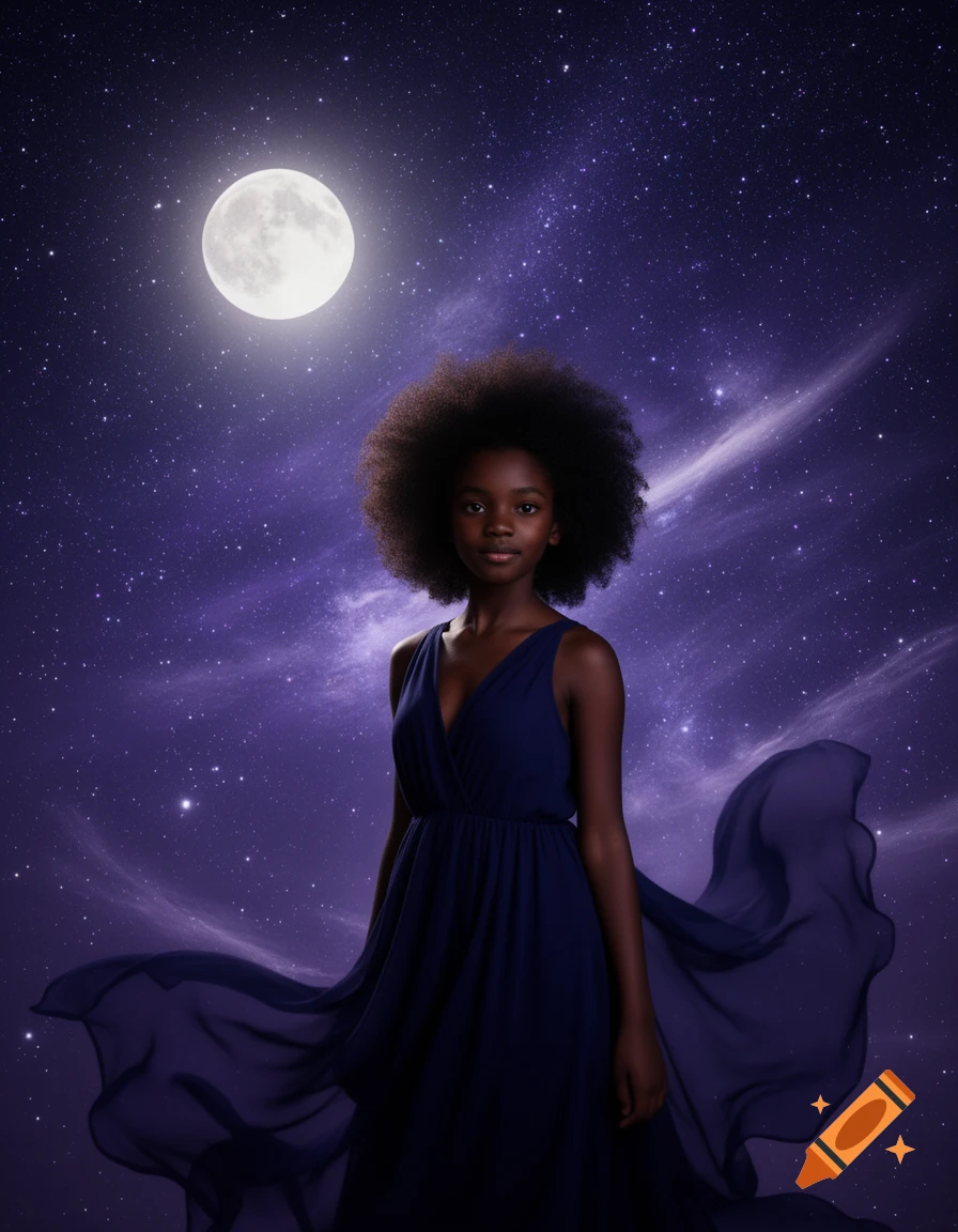 Young Black girl in a dark blue flowing dress against a purple starry sky with a full moon.