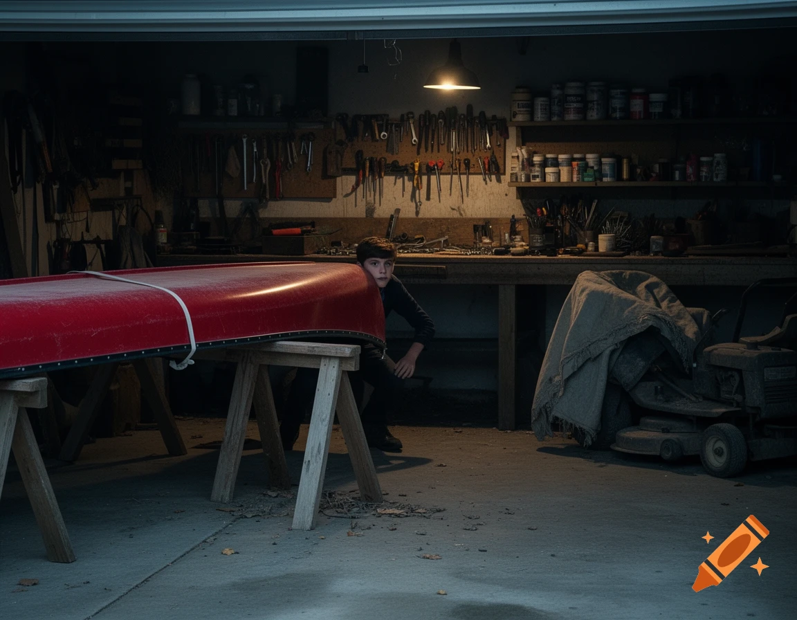 A boy peers from behind a red canoe in a dimly lit garage filled with tools and equipment.