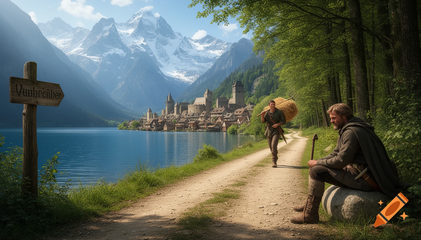 A fantasy medieval scene with a traveler resting on a rock, a farmer walking on a dirt road beside a blue lake, a town, and snow-capped mountains.