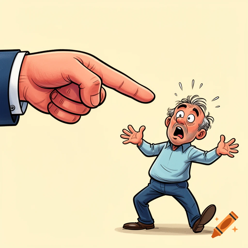 A cartoon of a large hand pointing an accusing finger at a small, scared man with wide eyes.