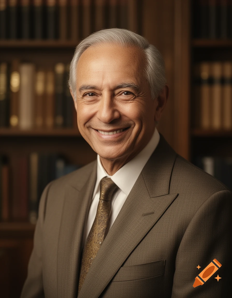 A smiling older man with grey hair in a brown suit and patterned tie stands in front of a bookshelf.