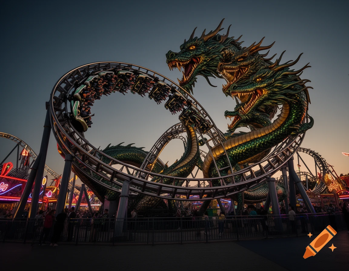 A majestic three-headed green and gold dragon wraps around a looping roller coaster at an amusement park during dusk, with neon lights in the background.