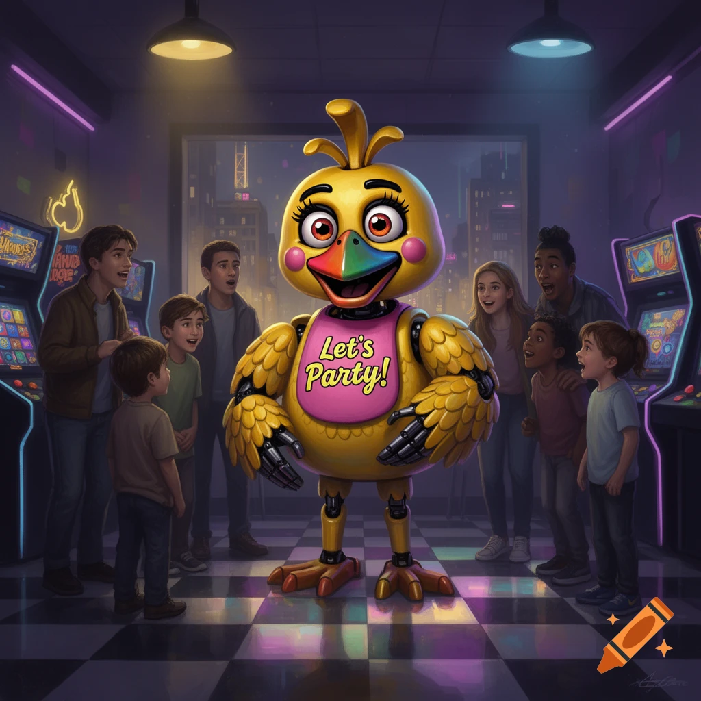 A yellow animatronic chicken wearing a 'Let's Party!' bib stands in a neon-lit arcade, surrounded by excited children and adults.